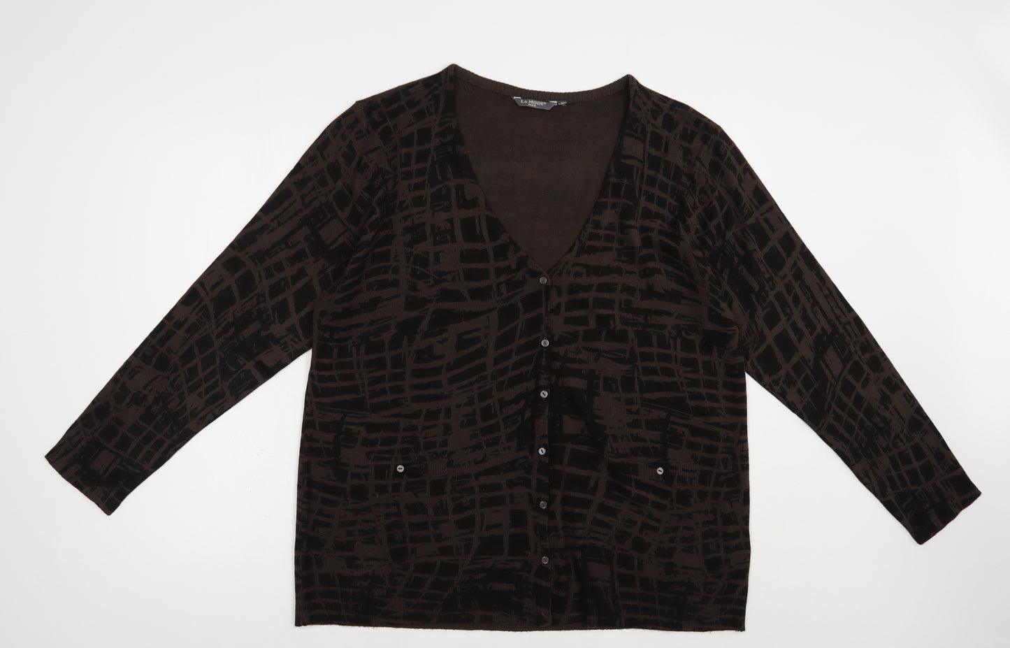 La Mode Womens Brown V-Neck Geometric Acrylic Cardigan Jumper Size XL