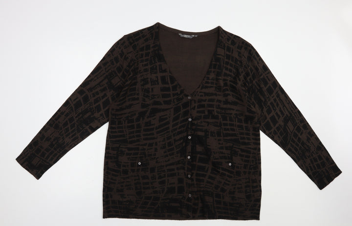 La Mode Womens Brown V-Neck Geometric Acrylic Cardigan Jumper Size XL