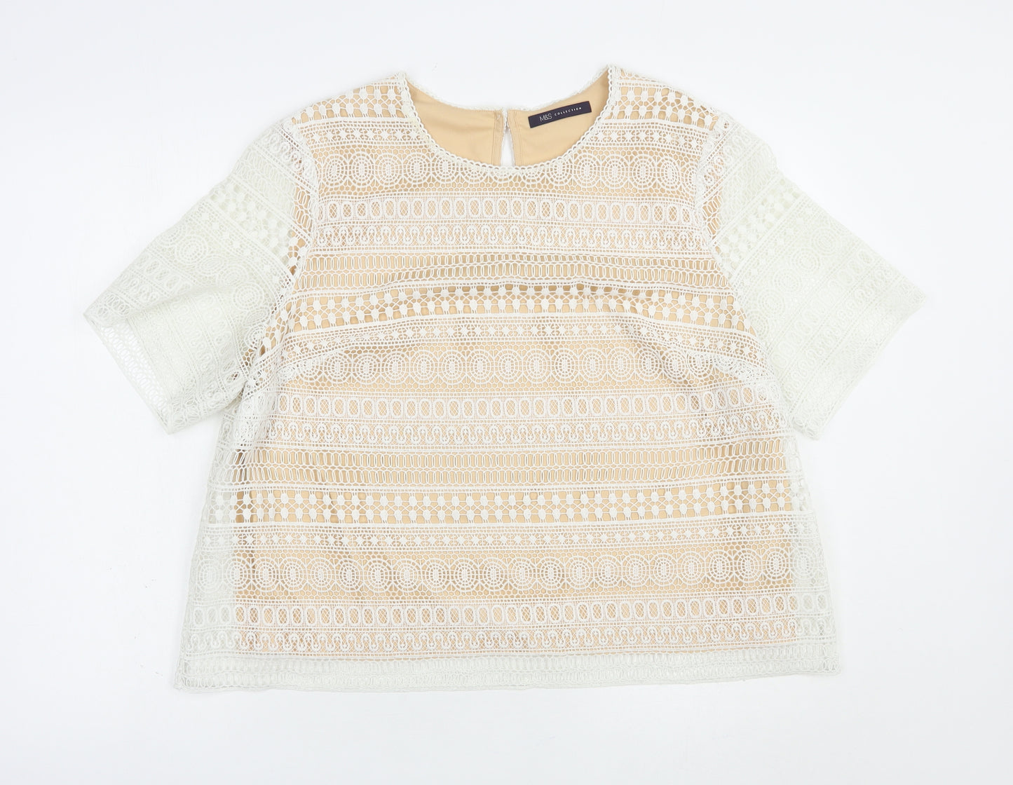 Marks and Spencer Womens White  Polyester Basic Blouse Size 18 Round Neck - Lace Overlay