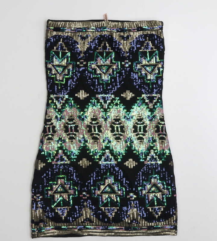 Sweewe Paris  Womens Black Geometric Viscose Bodycon  Size M  Off the Shoulder Pullover - Size M-L