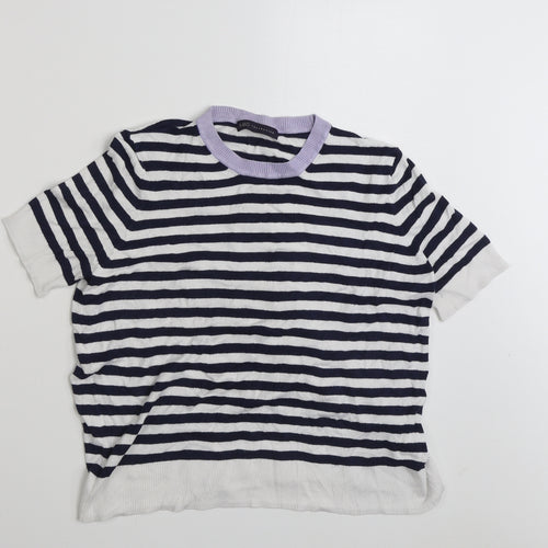 Marks and Spencer Womens Blue Round Neck Striped Viscose Pullover Jumper Size 16