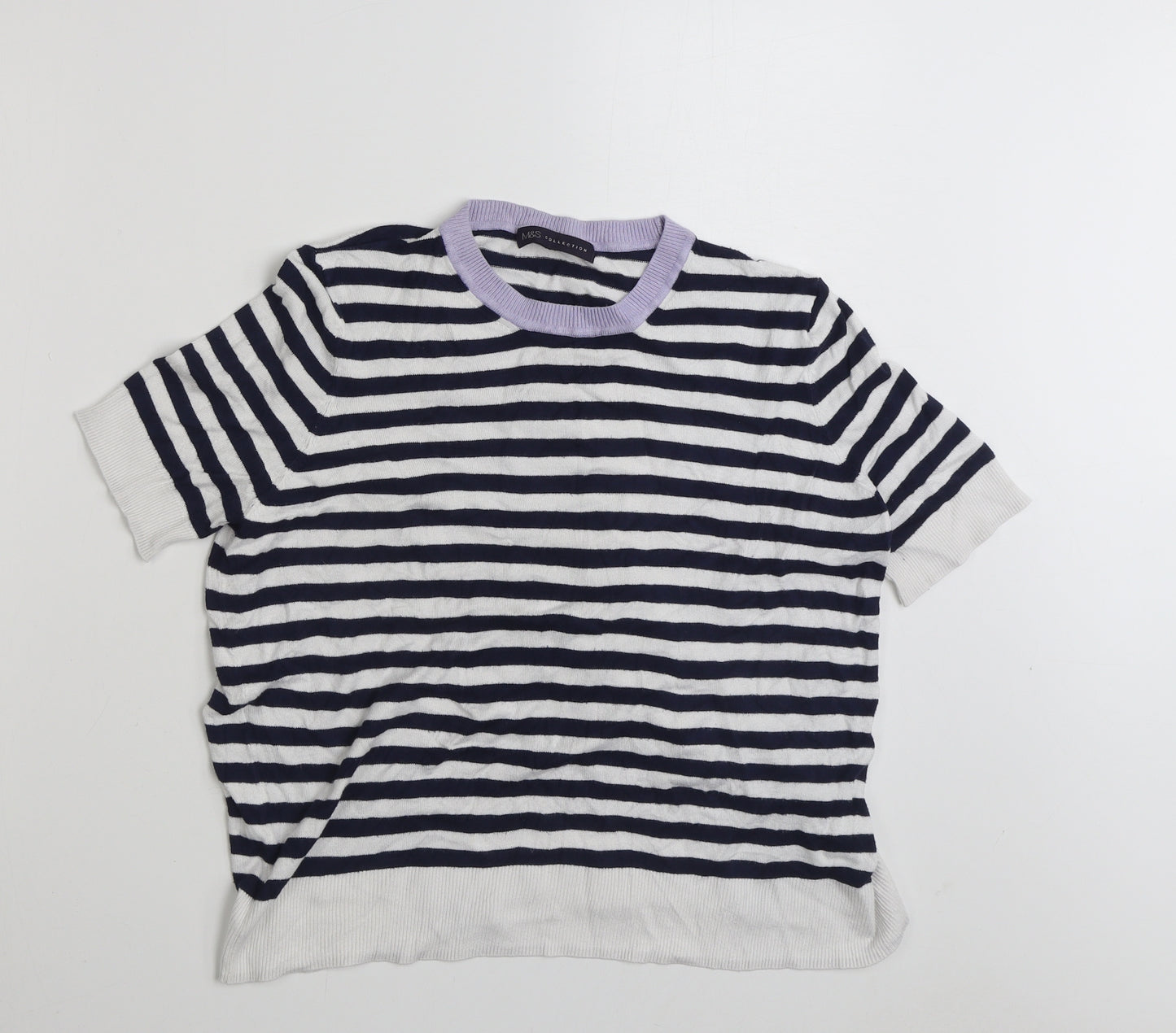 Marks and Spencer Womens Blue Round Neck Striped Viscose Pullover Jumper Size 16