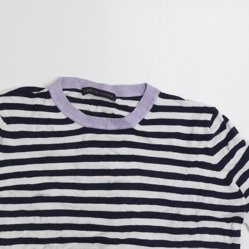 Marks and Spencer Womens Blue Round Neck Striped Viscose Pullover Jumper Size 16