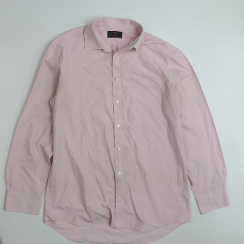 Marks and Spencer Mens Pink Check Polyester  Button-Up Size 16 Collared Button