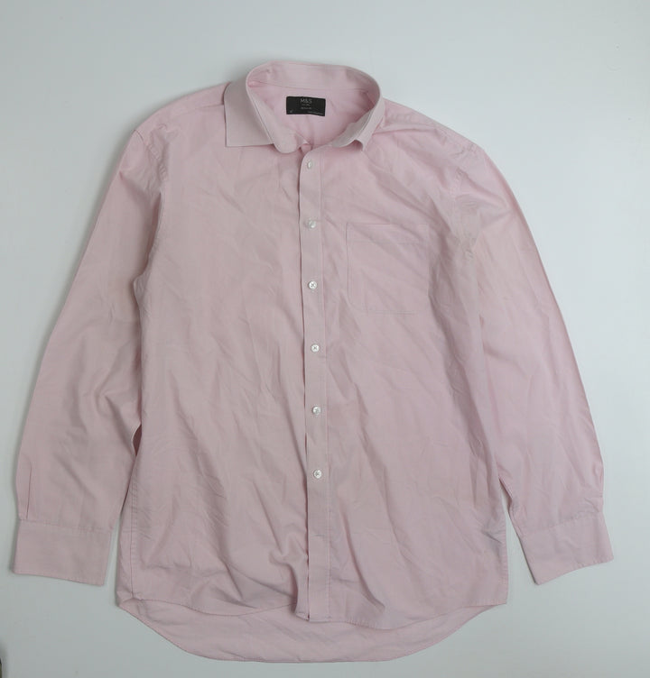 Marks and Spencer Mens Pink Check Polyester Button-Up Size 16 Collared Button