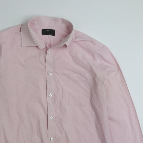 Marks and Spencer Mens Pink Check Polyester  Button-Up Size 16 Collared Button