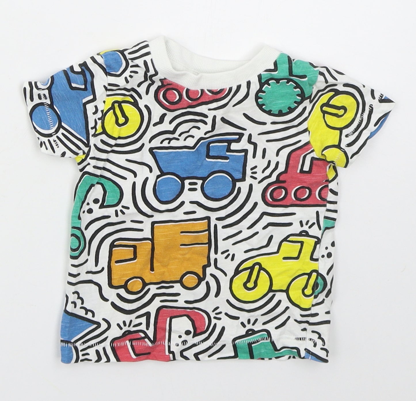 NEXT Boys White Geometric Cotton Basic T-Shirt Size 3-6 Months Crew Neck Pullover - Trucks