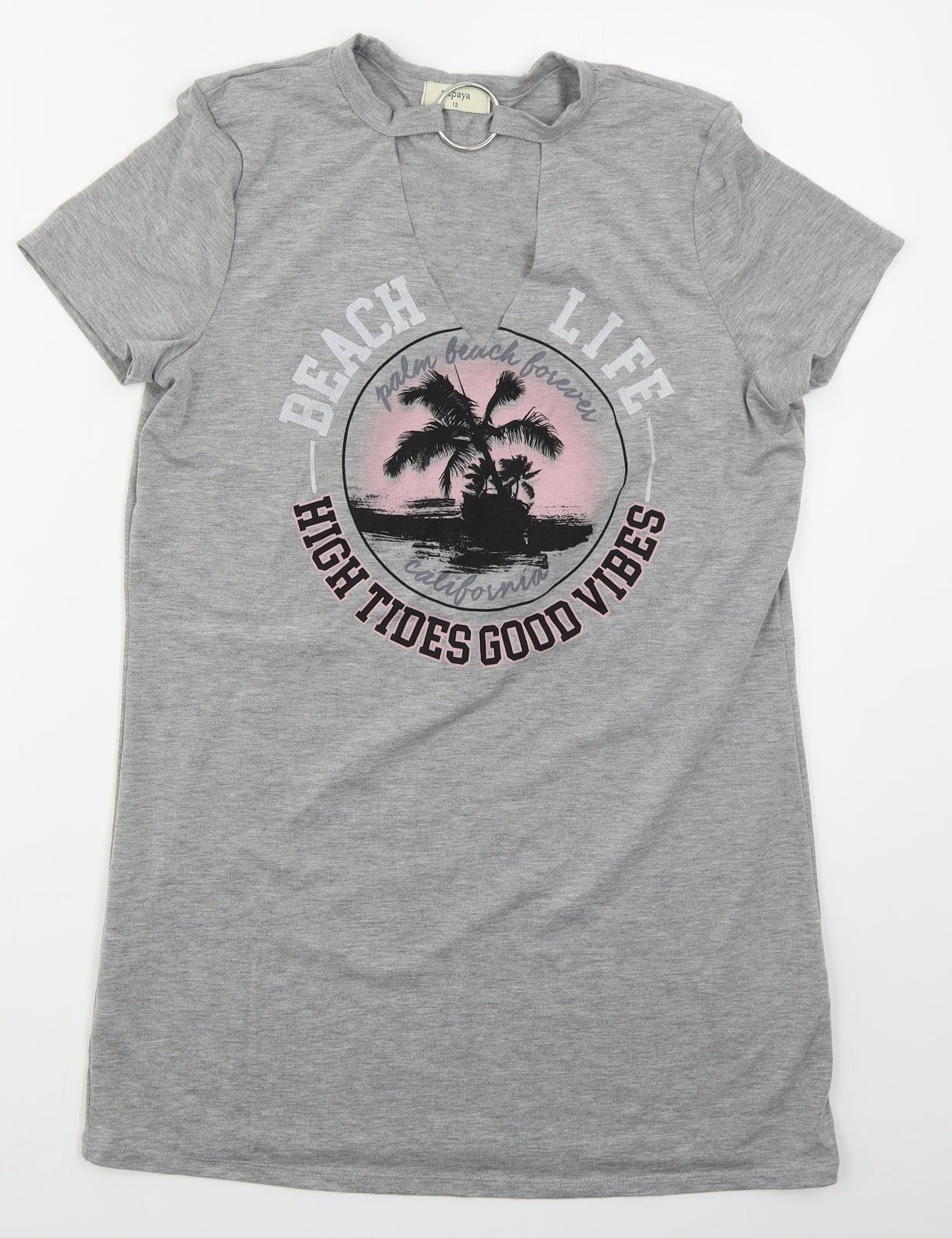 Papaya Womens Grey  Polyester T-Shirt Dress  Size 12  V-Neck Pullover - Beach Life