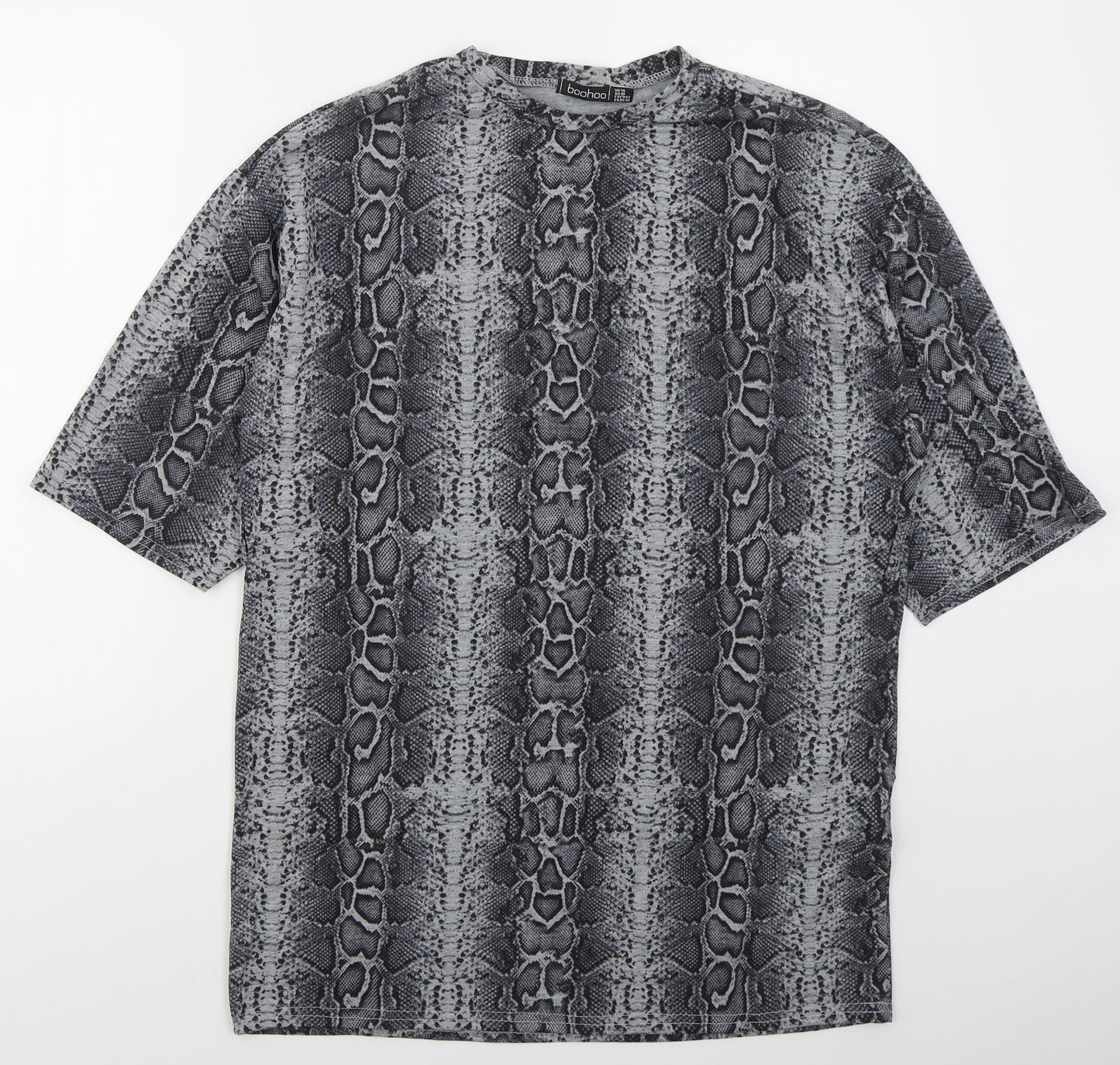 Boohoo Womens Grey Animal Print Polyester Basic T-Shirt Size 14 Crew Neck