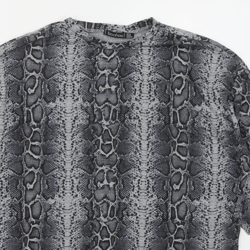 Boohoo Womens Grey Animal Print Polyester Basic T-Shirt Size 14 Crew Neck