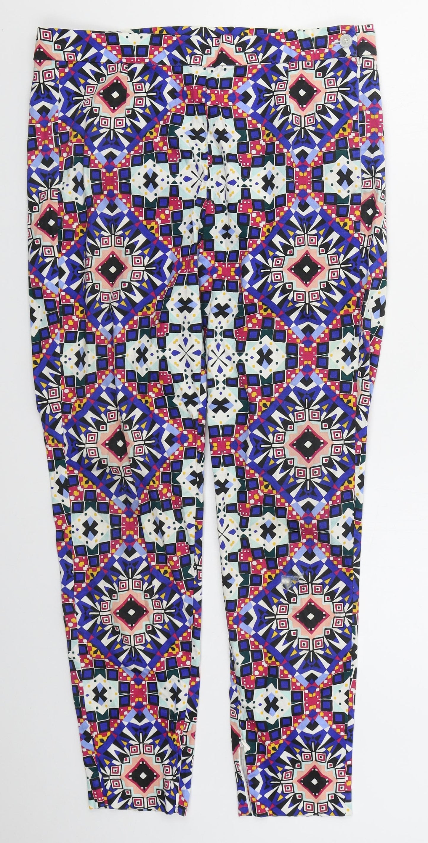 French Connection Womens Blue Geometric Cotton Trousers  Size 12 L28 in Regular Zip