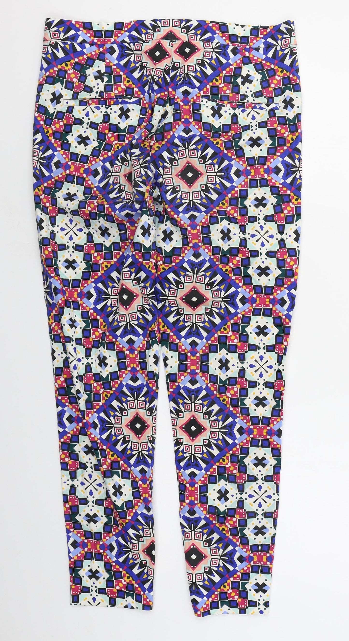 French Connection Womens Blue Geometric Cotton Trousers  Size 12 L28 in Regular Zip