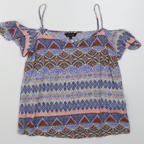 New Look Womens Blue Geometric Viscose Basic Blouse Size 6 V-Neck