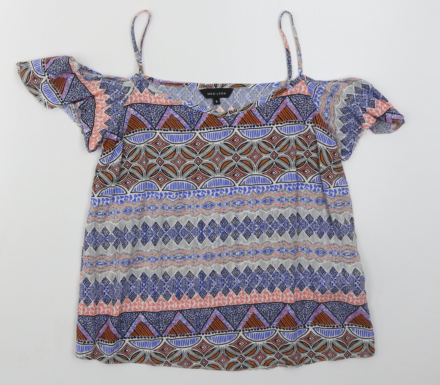 New Look Womens Blue Geometric Viscose Basic Blouse Size 6 V-Neck