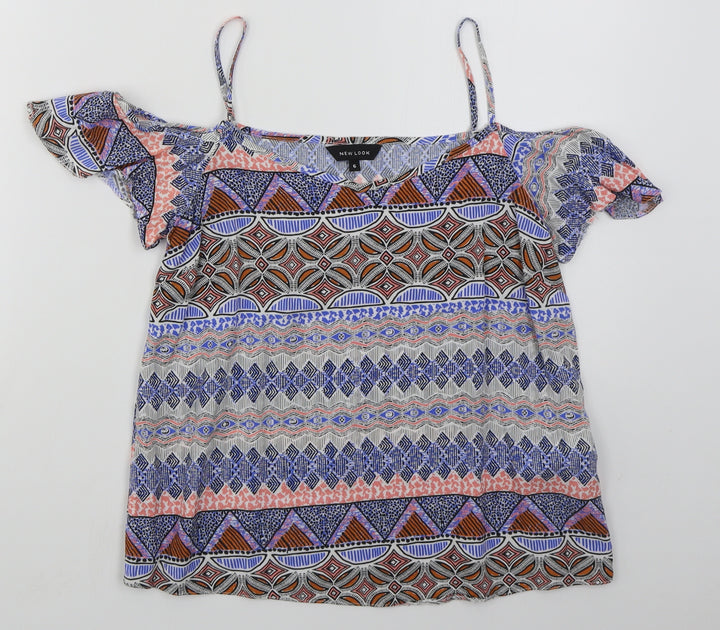 New Look Womens Blue Geometric Viscose Basic Blouse Size 6 V-Neck