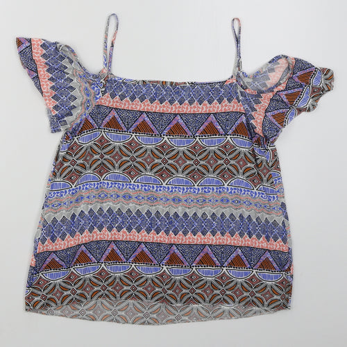 New Look Womens Blue Geometric Viscose Basic Blouse Size 6 V-Neck
