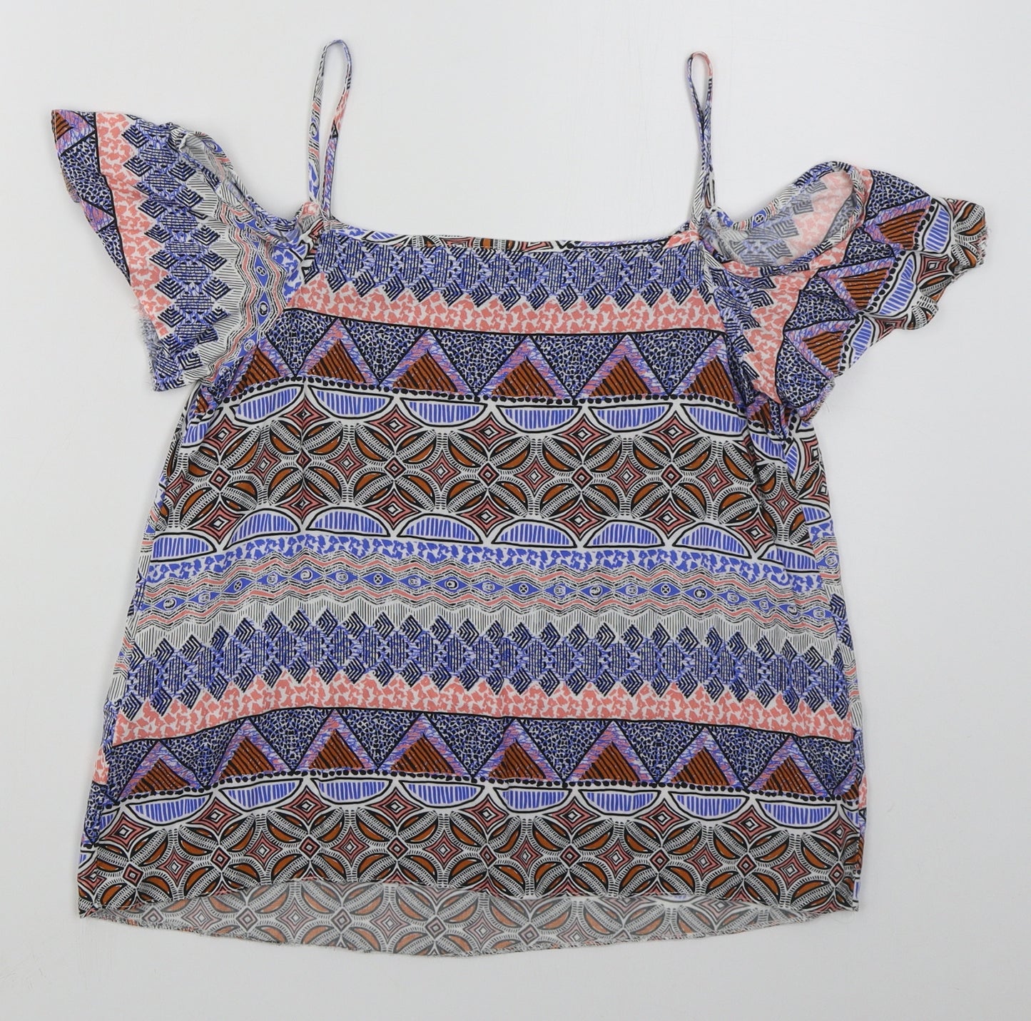 New Look Womens Blue Geometric Viscose Basic Blouse Size 6 V-Neck