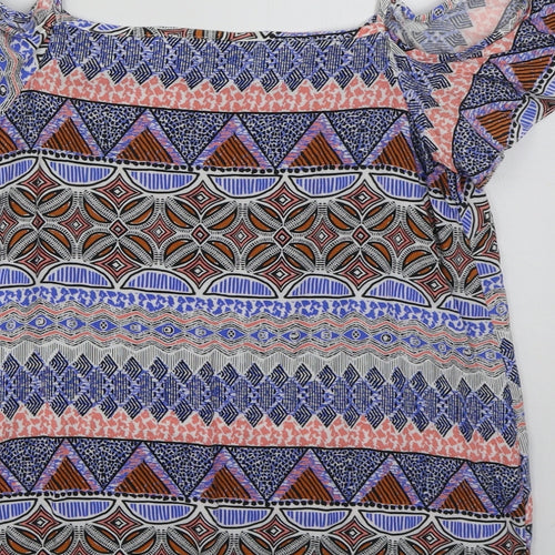 New Look Womens Blue Geometric Viscose Basic Blouse Size 6 V-Neck