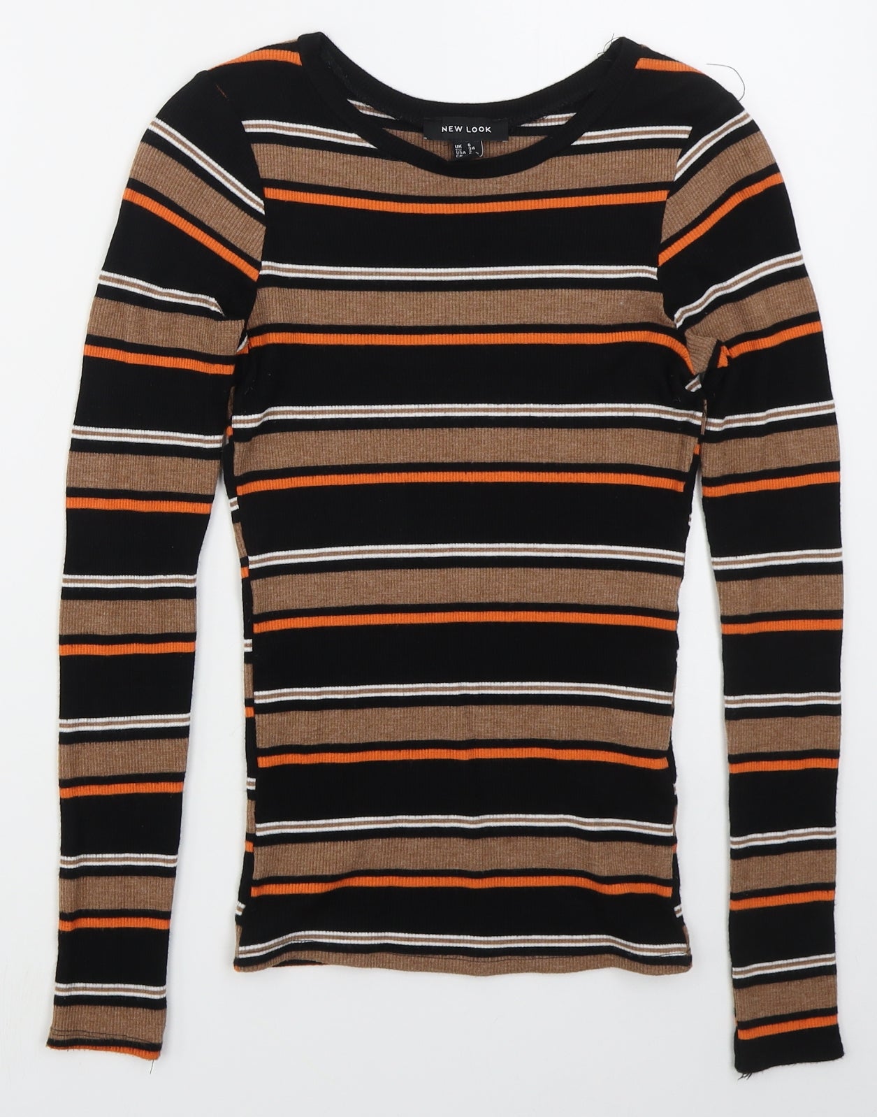 New Look Womens Brown Crew Neck Striped Viscose Pullover Jumper Size 6