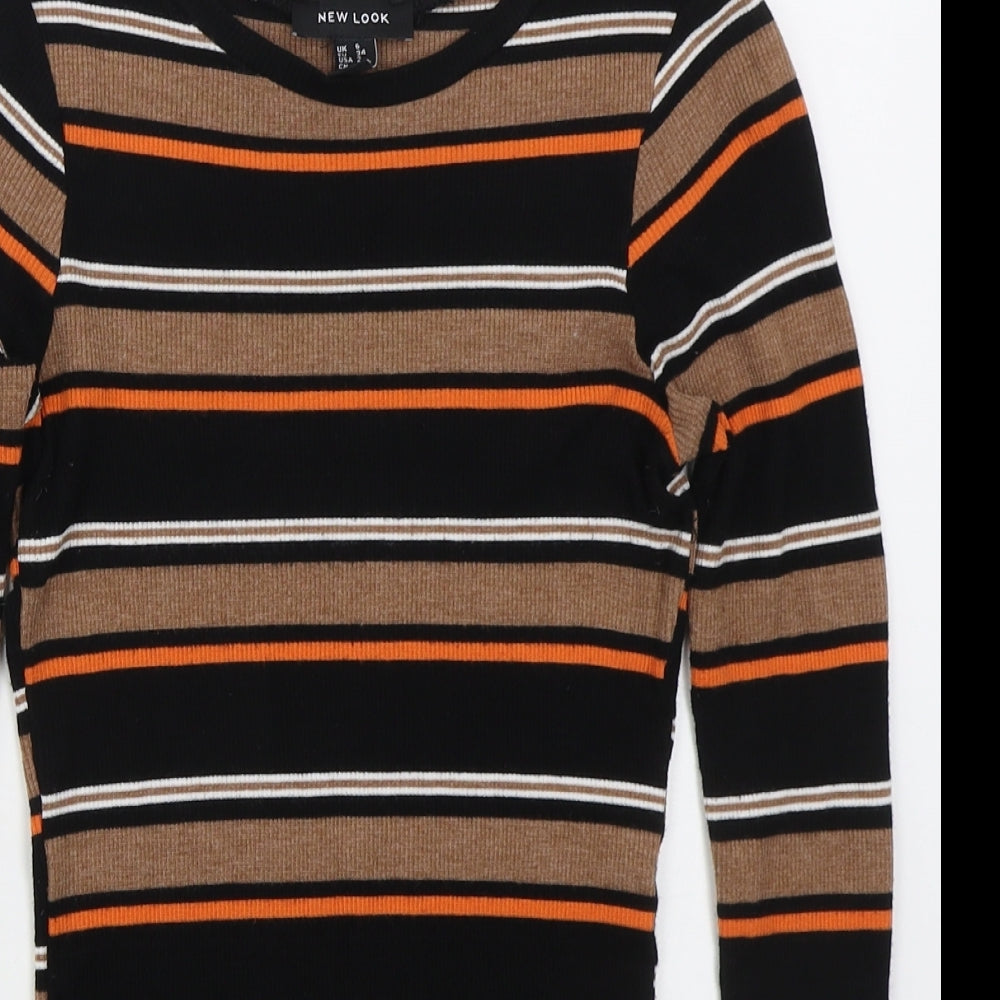 New Look Womens Brown Crew Neck Striped Viscose Pullover Jumper Size 6