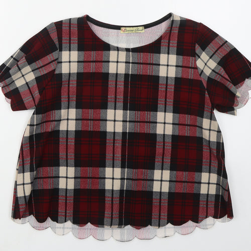 Cameo Rose Womens Red Check Polyester Basic T-Shirt Size 8 Round Neck