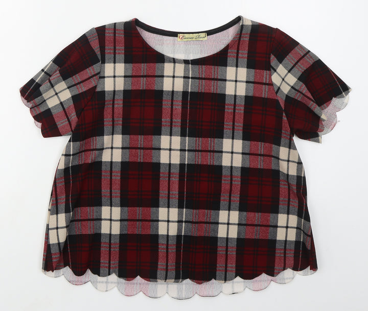 Cameo Rose Womens Red Check Polyester Basic T-Shirt Size 8 Round Neck
