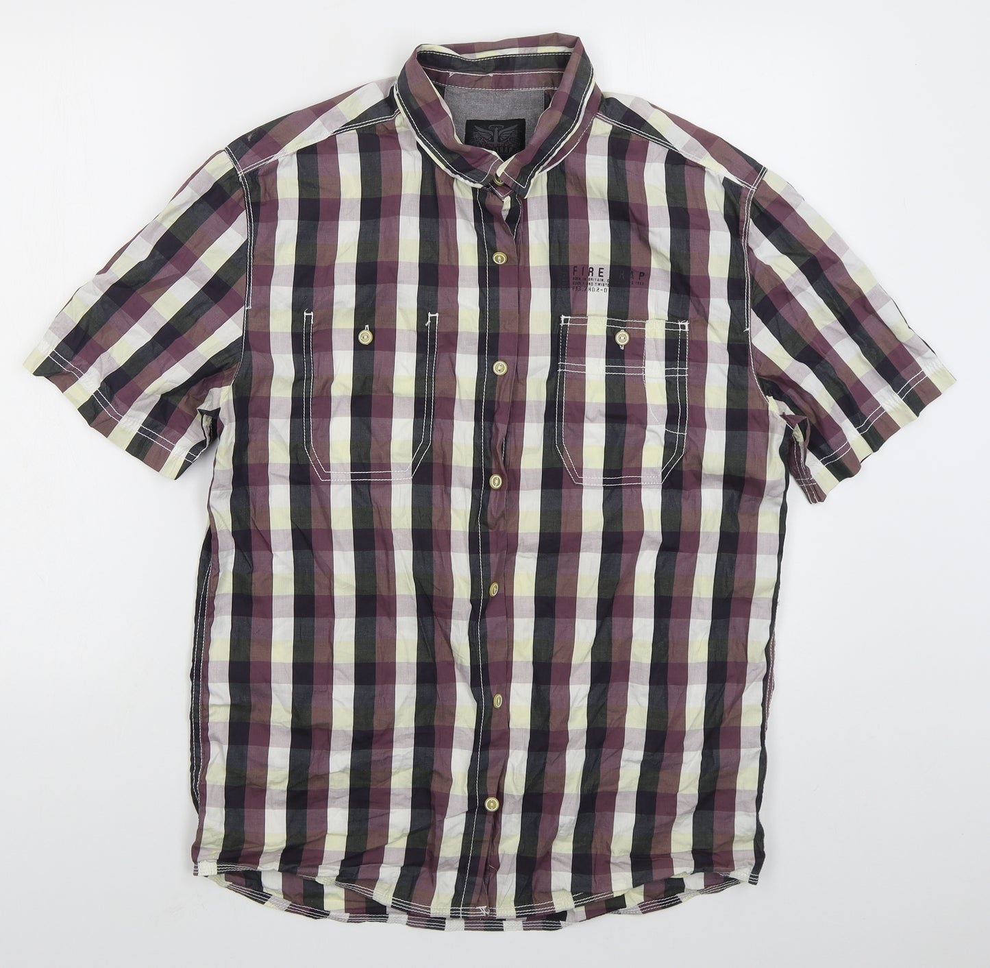 Firetrap Mens Purple Check Cotton  Button-Up Size XL Collared Button