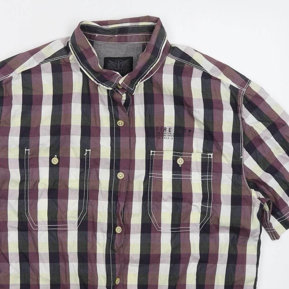Firetrap Mens Purple Check Cotton  Button-Up Size XL Collared Button