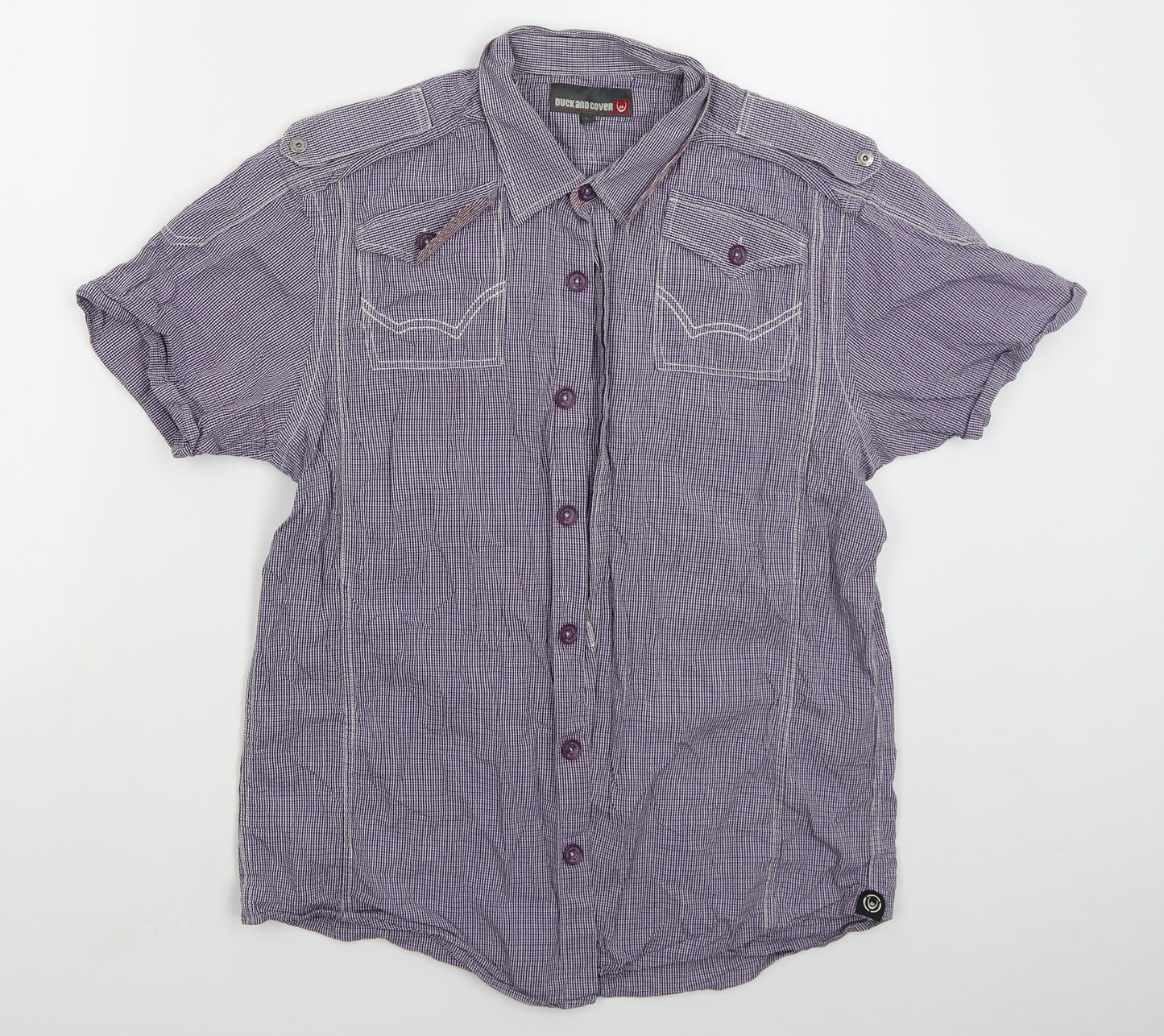 Duck & Cover Mens Purple Check Cotton  Button-Up Size L Collared Button