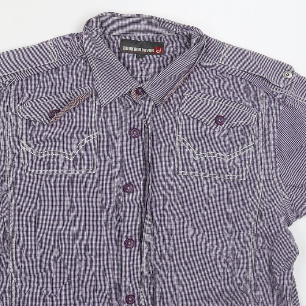 Duck & Cover Mens Purple Check Cotton  Button-Up Size L Collared Button