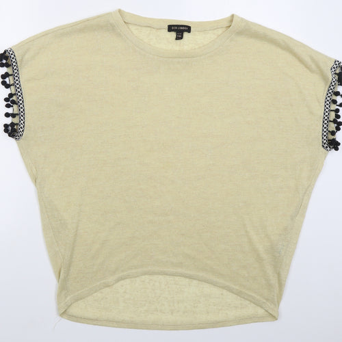 QED London Womens Beige  Polyester Basic T-Shirt Size M Boat Neck - Pom Pom