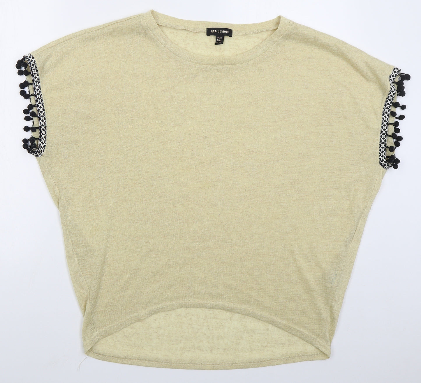 QED London Womens Beige  Polyester Basic T-Shirt Size M Boat Neck - Pom Pom