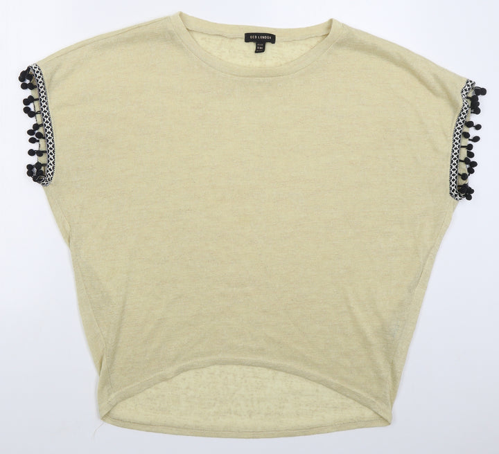 QED London Womens Beige  Polyester Basic T-Shirt Size M Boat Neck - Pom Pom