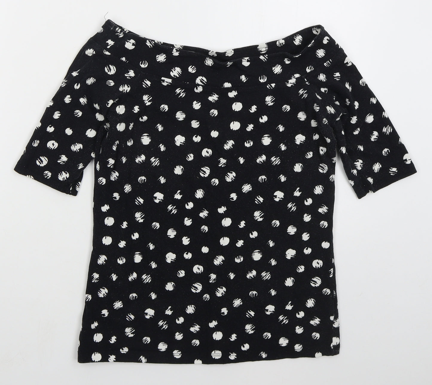 Peacocks Womens Black Geometric Cotton Basic T-Shirt Size 12 Off the Shoulder