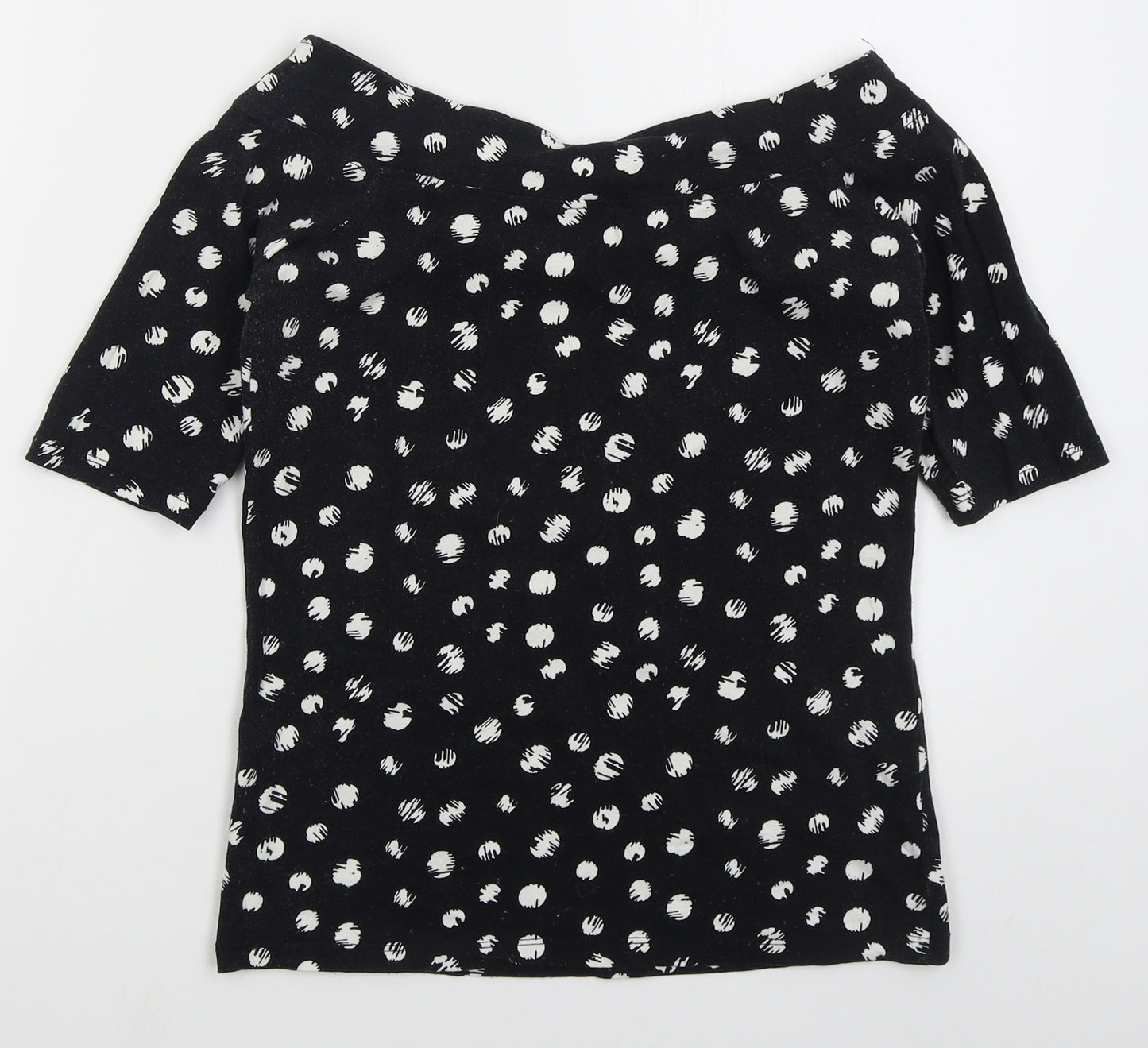 Peacocks Womens Black Geometric Cotton Basic T-Shirt Size 12 Off the Shoulder