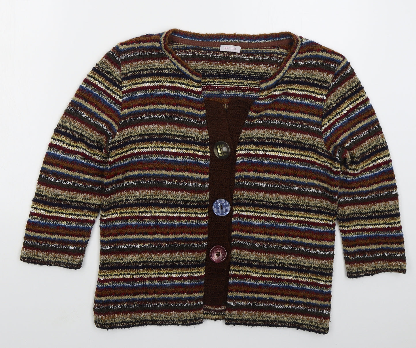 Per Una Womens Brown Round Neck Striped Acrylic Cardigan Jumper Size 16