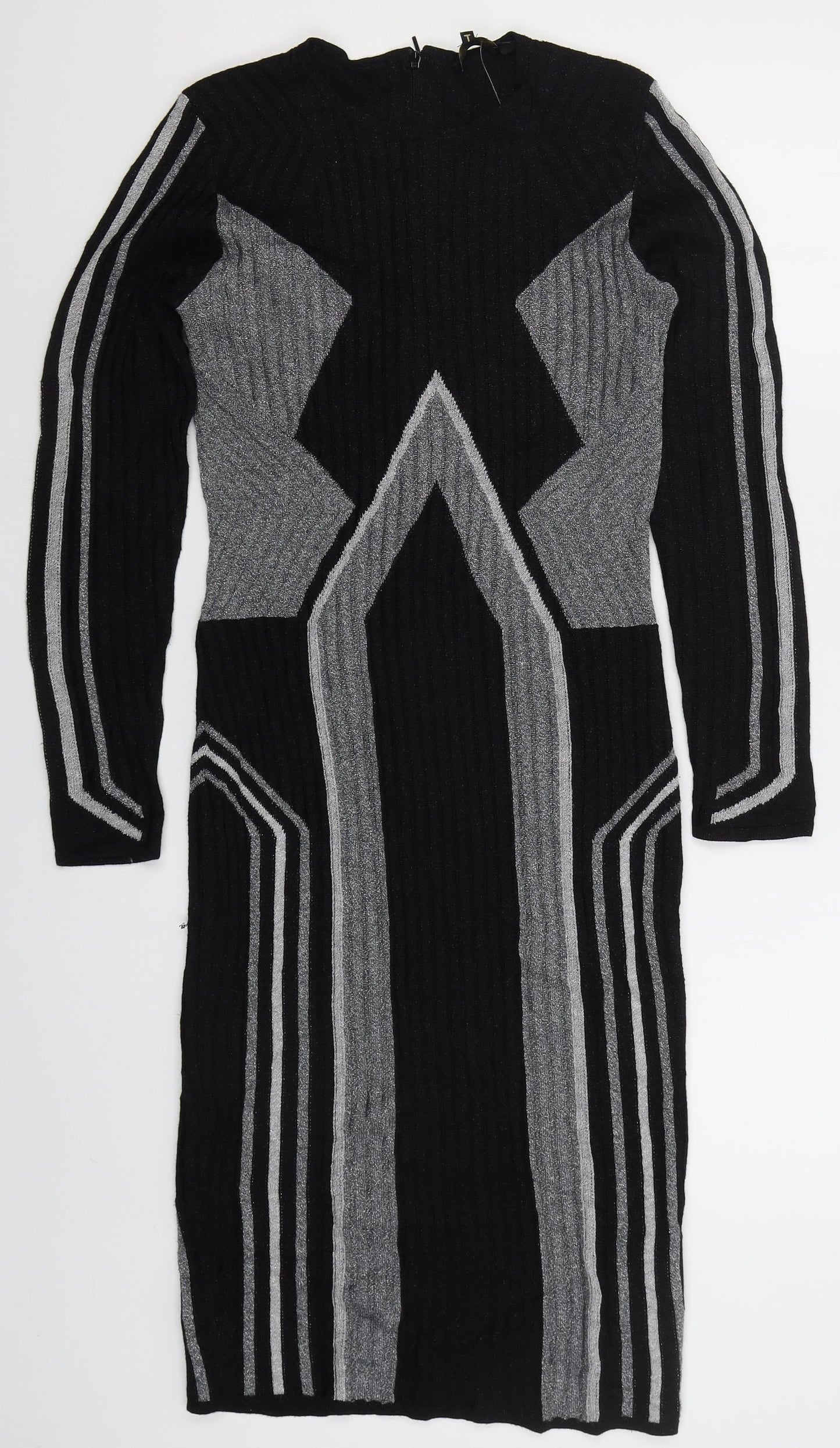 Ted Baker Womens Black Geometric Acrylic Jumper Dress  Size M  Crew Neck Zip