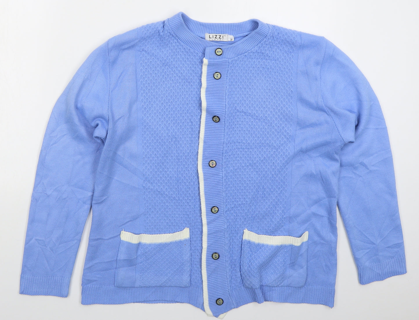 Lizzi Womens Blue Crew Neck  Acrylic Cardigan Jumper Size M