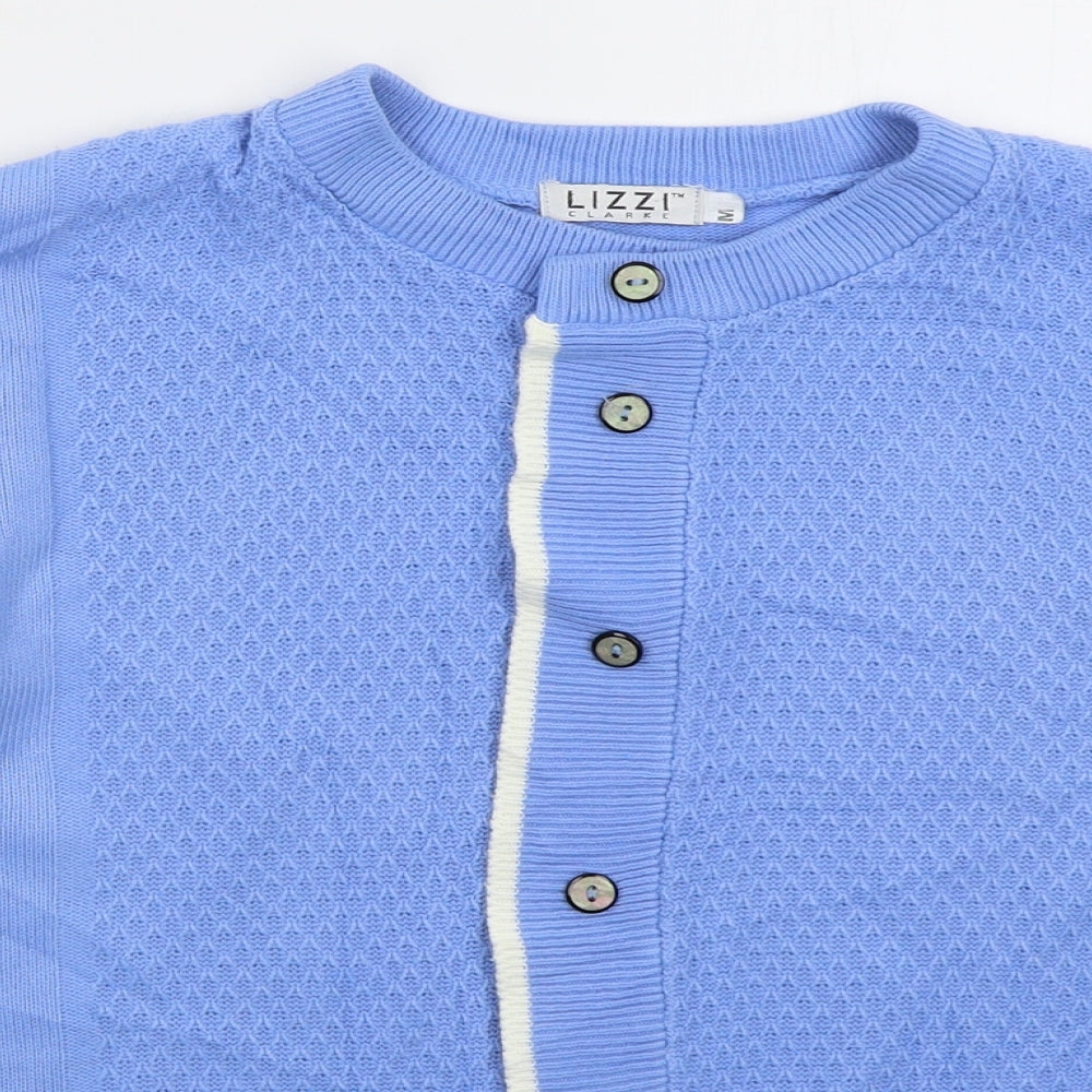 Lizzi Womens Blue Crew Neck  Acrylic Cardigan Jumper Size M