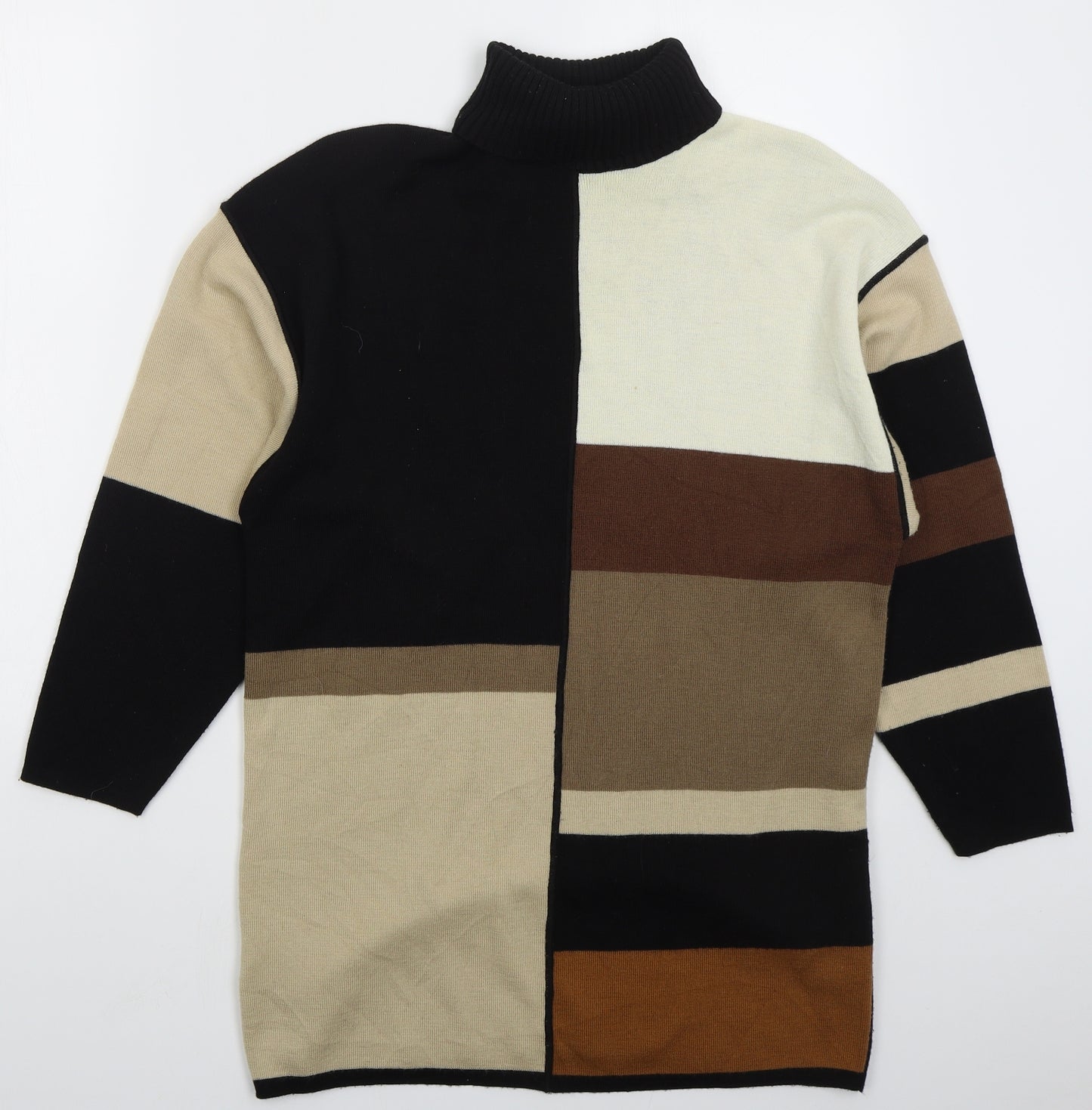 Marks and Spencer Womens Brown Roll Neck Geometric Wool Pullover Jumper Size 12   - Colour Block