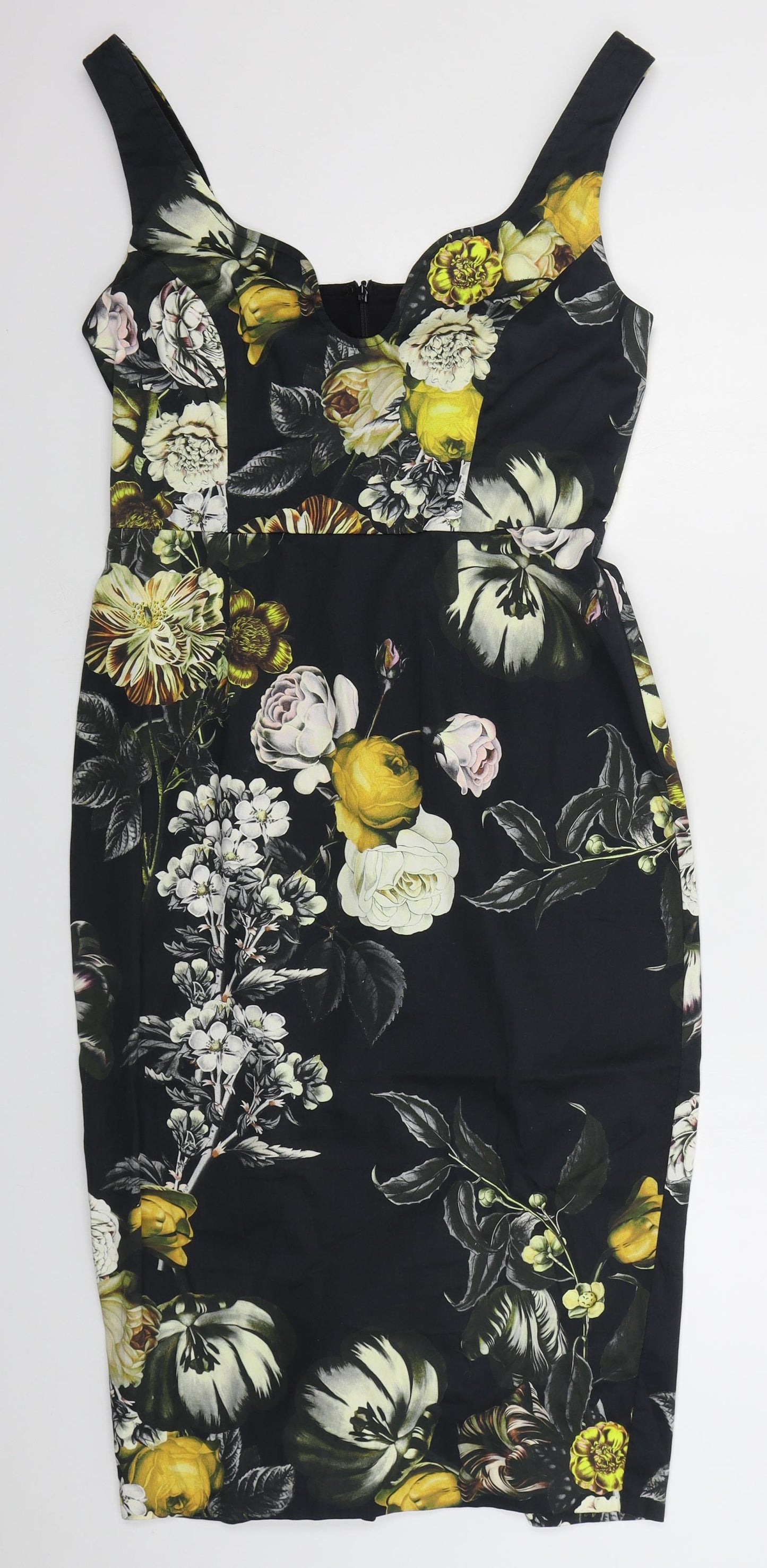 Preworn Womens Black Floral Cotton Pencil Dress  Size 12  V-Neck Zip