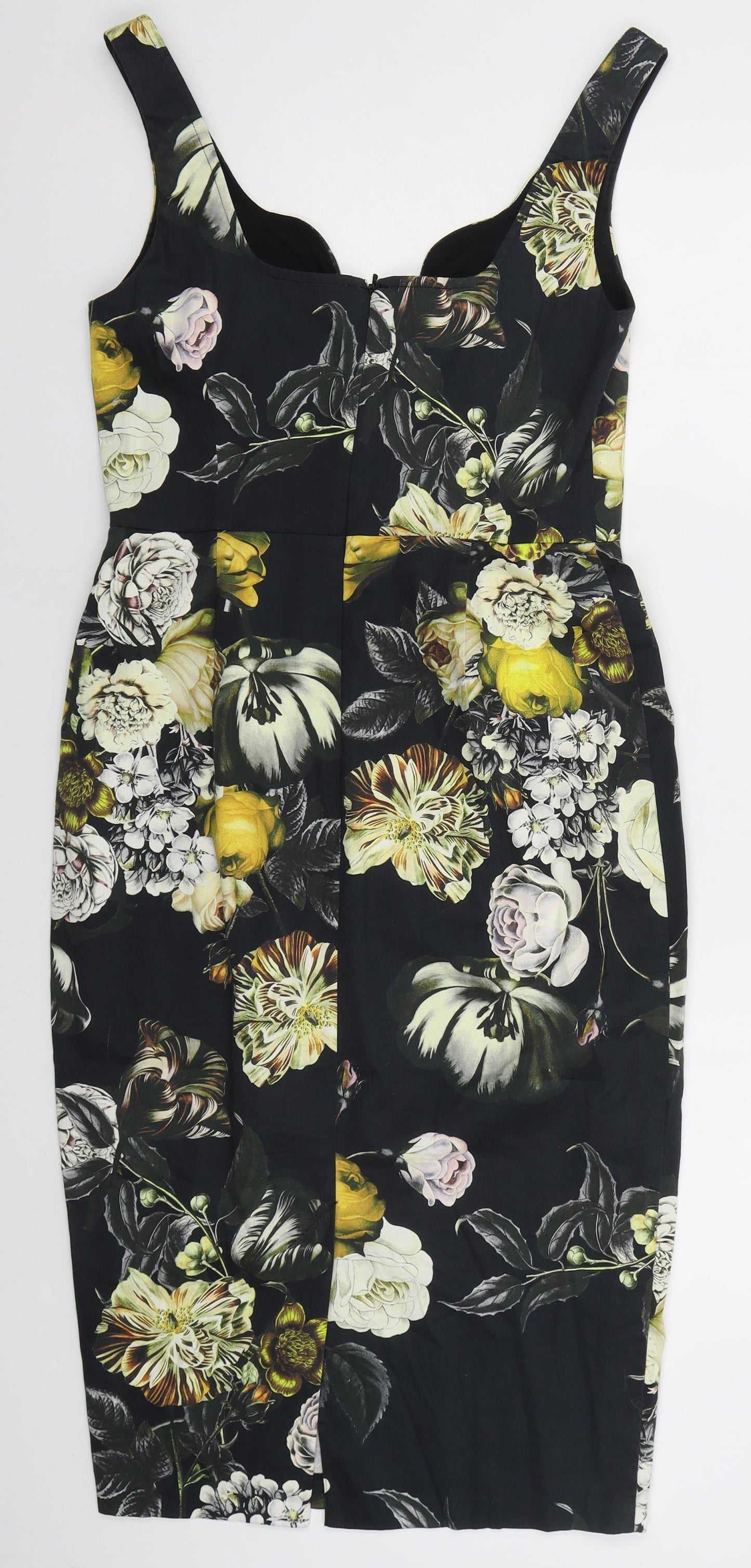 Preworn Womens Black Floral Cotton Pencil Dress  Size 12  V-Neck Zip