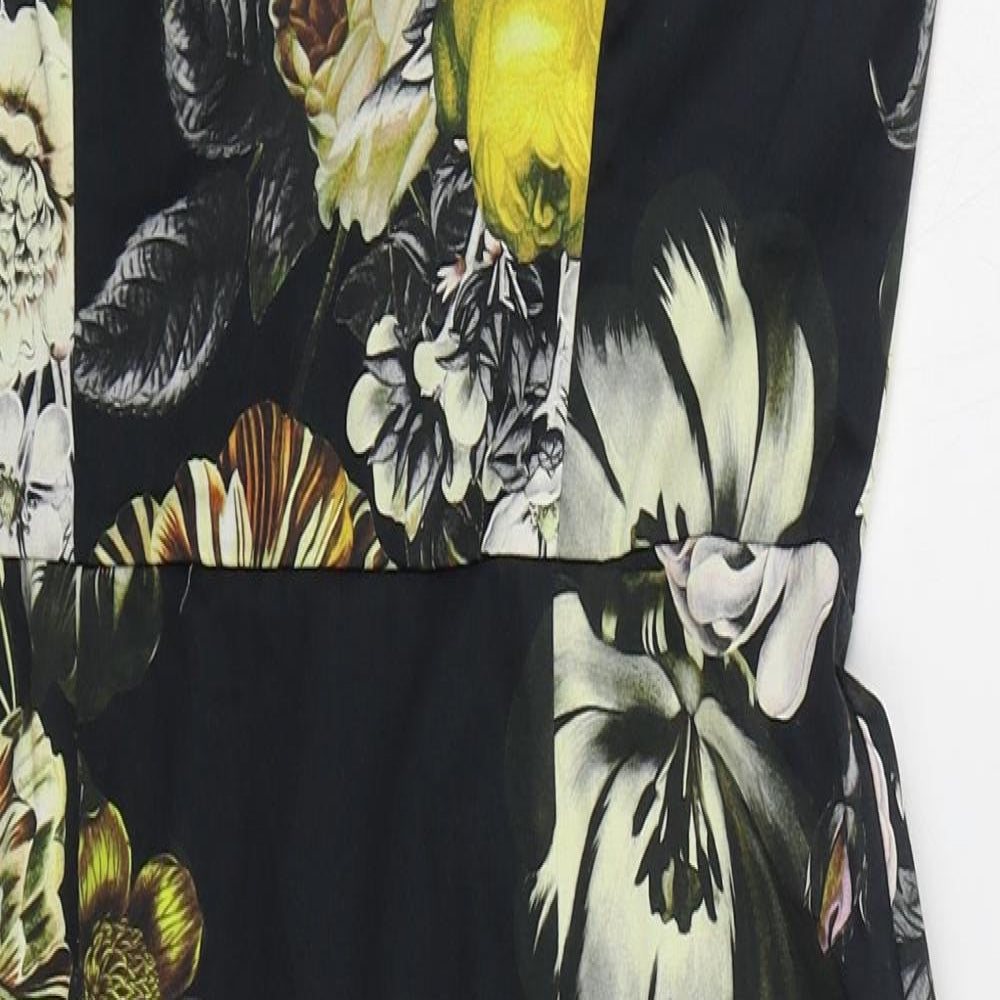 Preworn Womens Black Floral Cotton Pencil Dress  Size 12  V-Neck Zip