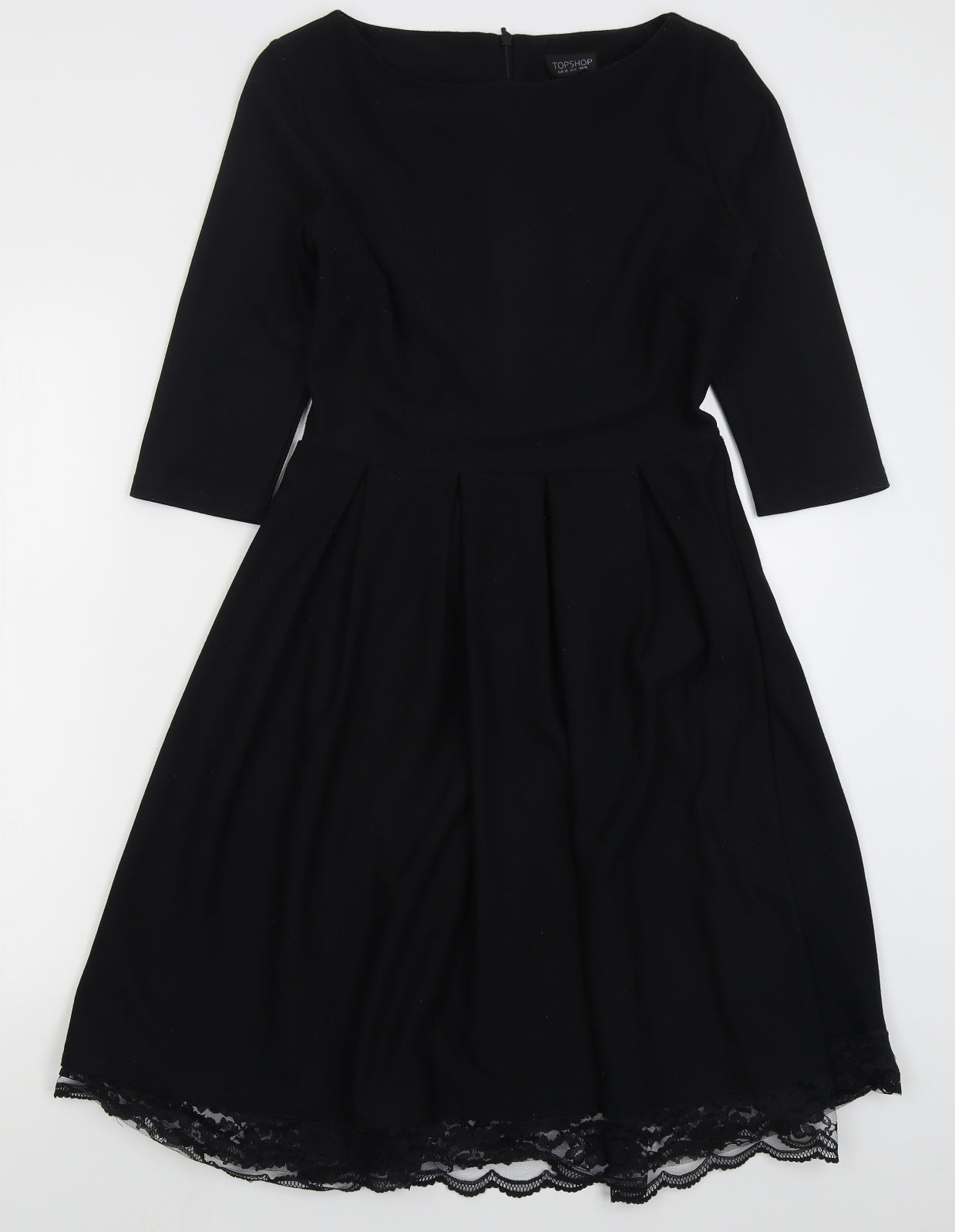 Topshop Womens Black  Polyester Skater Dress  Size 10  Boat Neck Zip