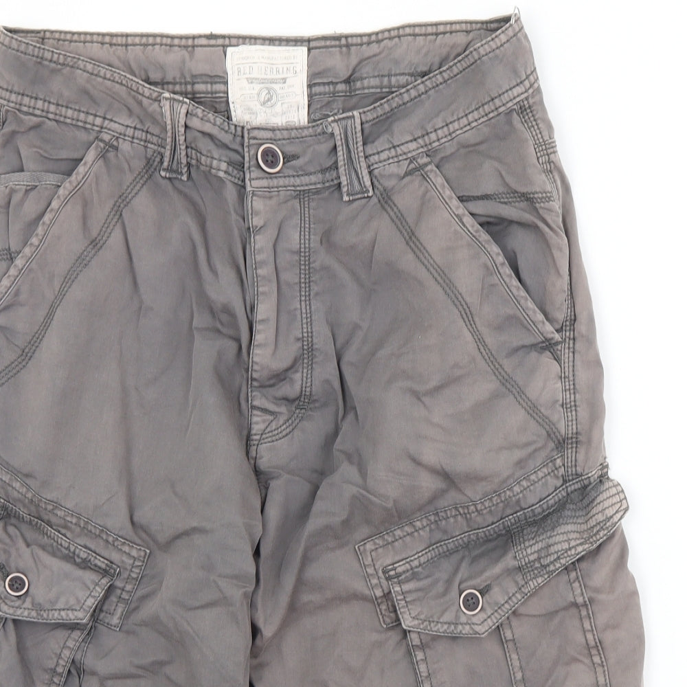 Red Herring Mens Grey  Cotton Cargo Shorts Size 32 L11 in Regular Zip