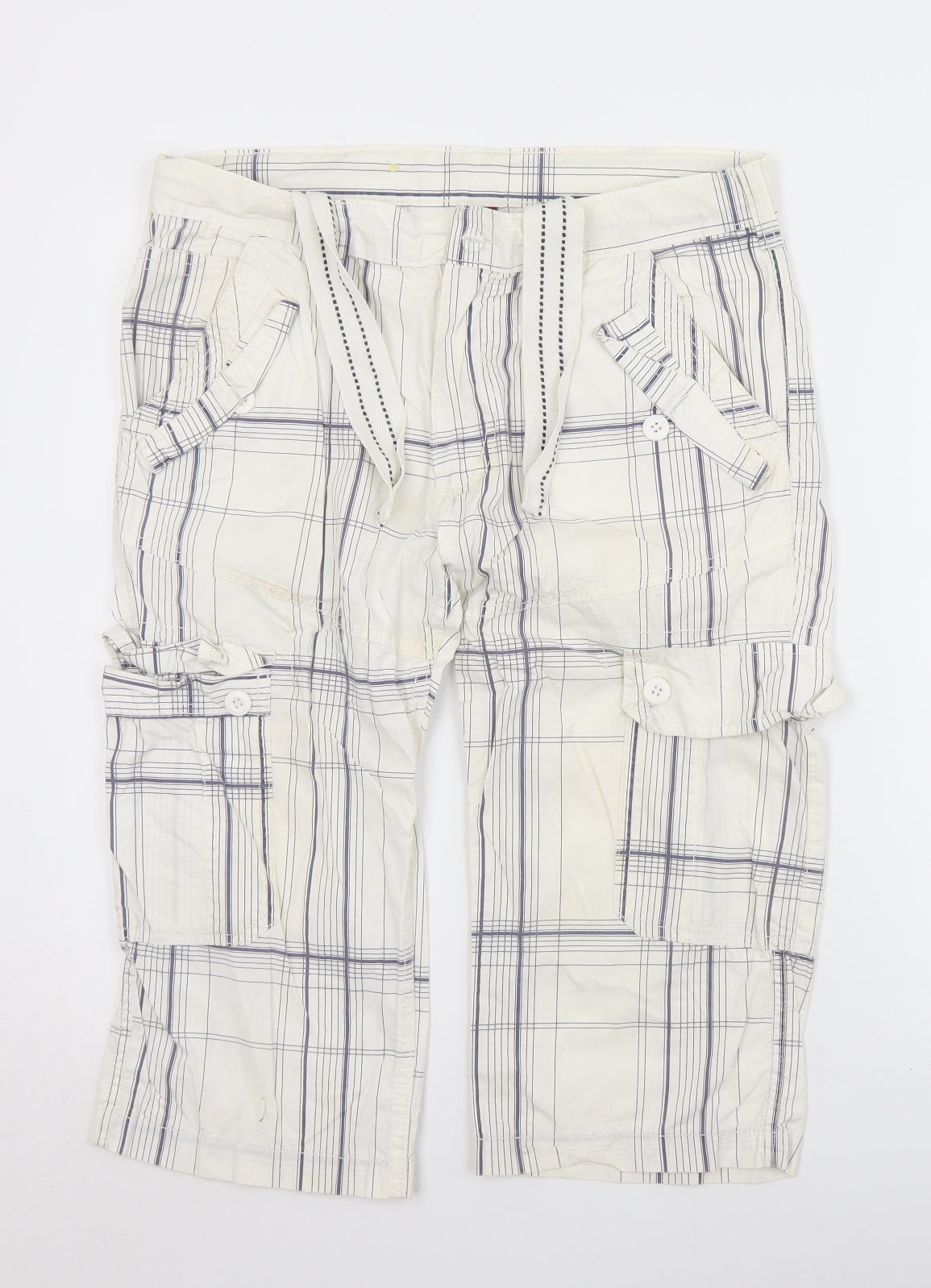 Denim & Co. Mens White Plaid Cotton Cargo Shorts Size 32 L10 in Regular Zip