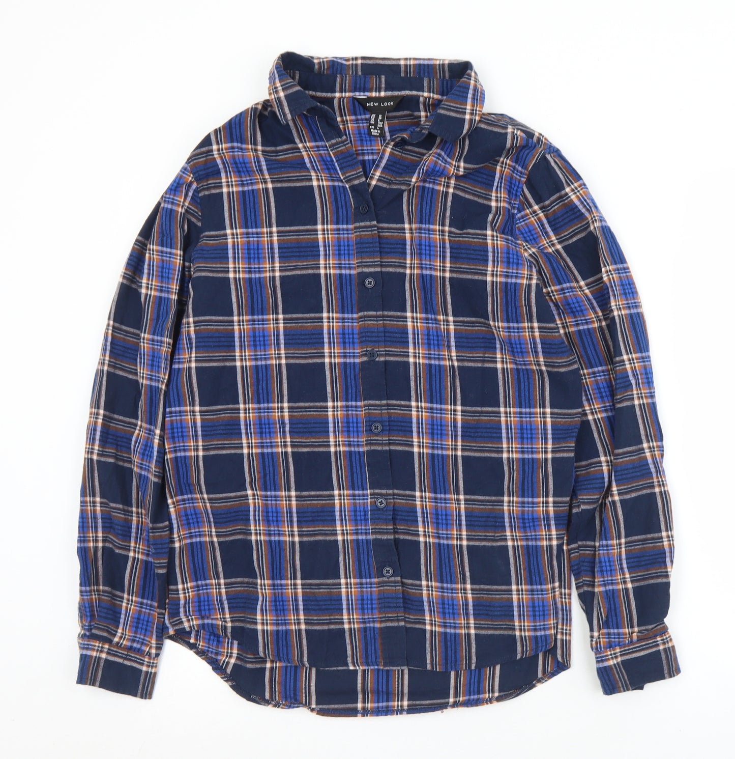 New Look Womens Blue Plaid Cotton Basic Button-Up Size 10 Collared