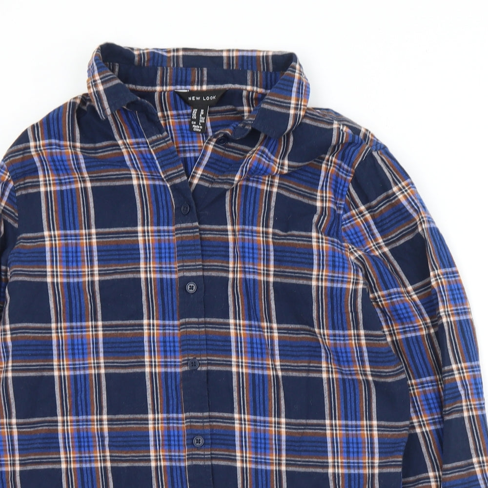 New Look Womens Blue Plaid Cotton Basic Button-Up Size 10 Collared