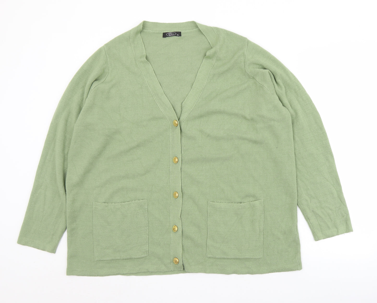 BM Mens Green V-Neck  Acrylic Cardigan Jumper Size XL