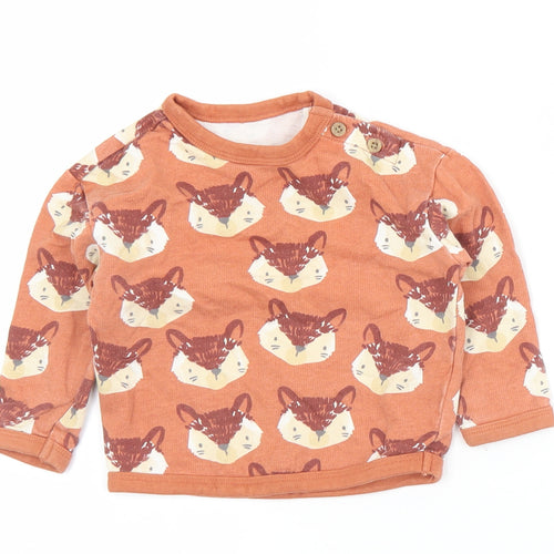 TU Girls Brown Geometric Cotton Pullover T-Shirt Size 6-9 Months Crew Neck Button - Fox